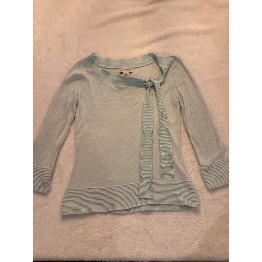 Banana Republic Light Blue Ribbed Tie Neck Cotton Knit Sweater Top Small